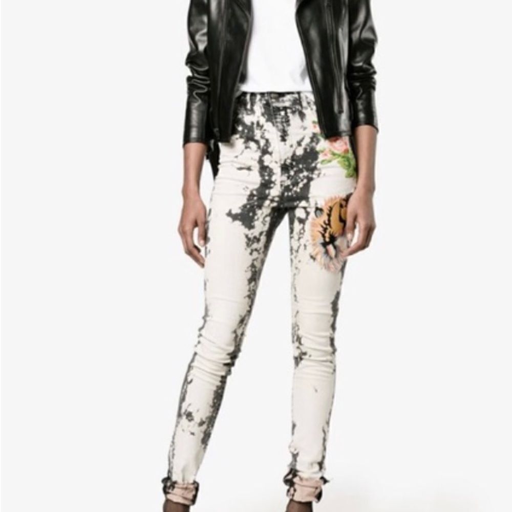 Gucci Tiger Flower Embroidery Bleach Denim Women's High Waist Skinny Jeans 25